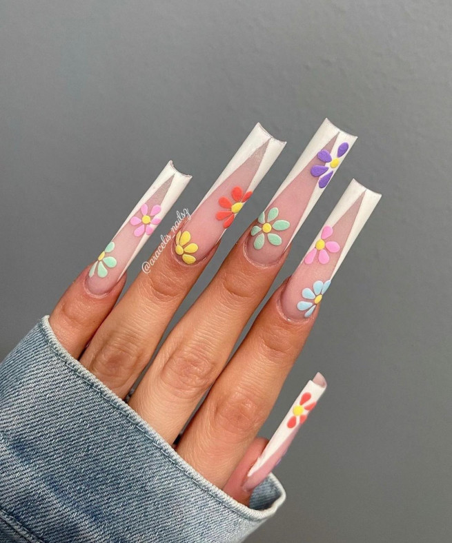 40 Cute Acrylic Nails To Wear This Spring : White V French Nails + Colourful Flowers