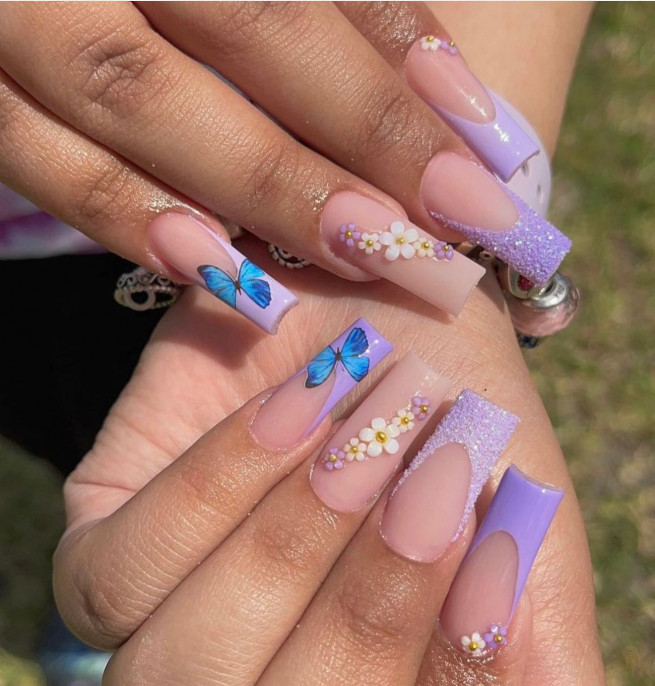 Amazon.com: Press on Nails Medium Square Press on Nails False Nails with  Designs Green Blue Butterfly Glue on Nails Lake Blue Acrylic Nails Full  Cover Summer Cute Fake Nails Stick on Nails