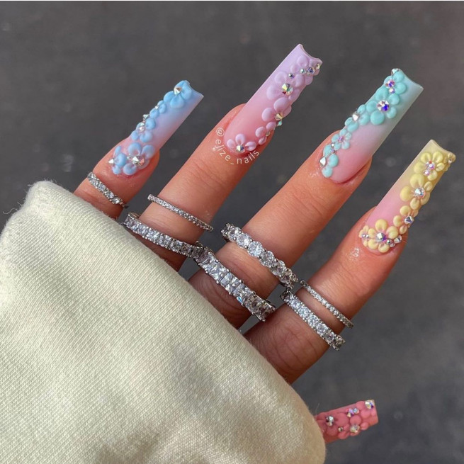 40 Cute Acrylic Nails To Wear This Spring : Ombre Pastel Nail Art with 3D Flowers