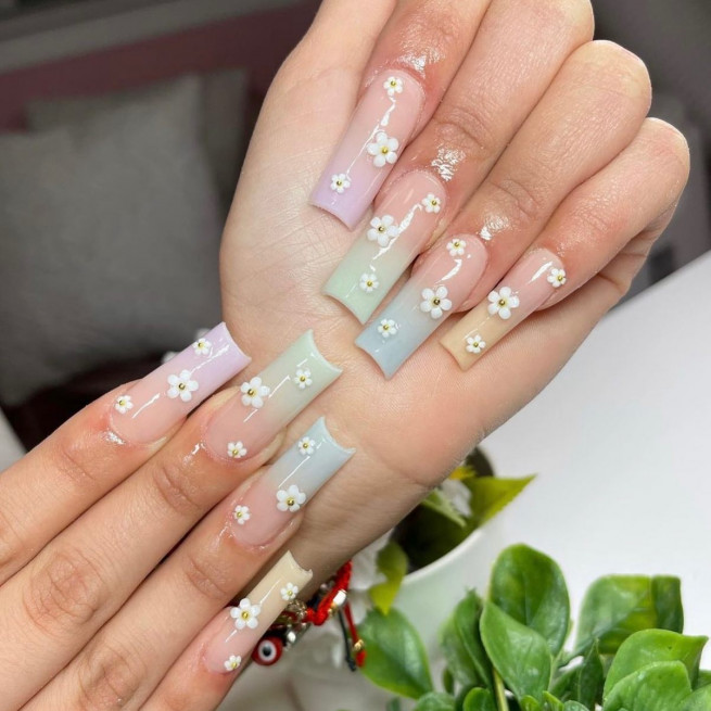 40 Cute Acrylic Nails To Wear This Spring : Ombre Pastel Nail Art with 3D Flowers