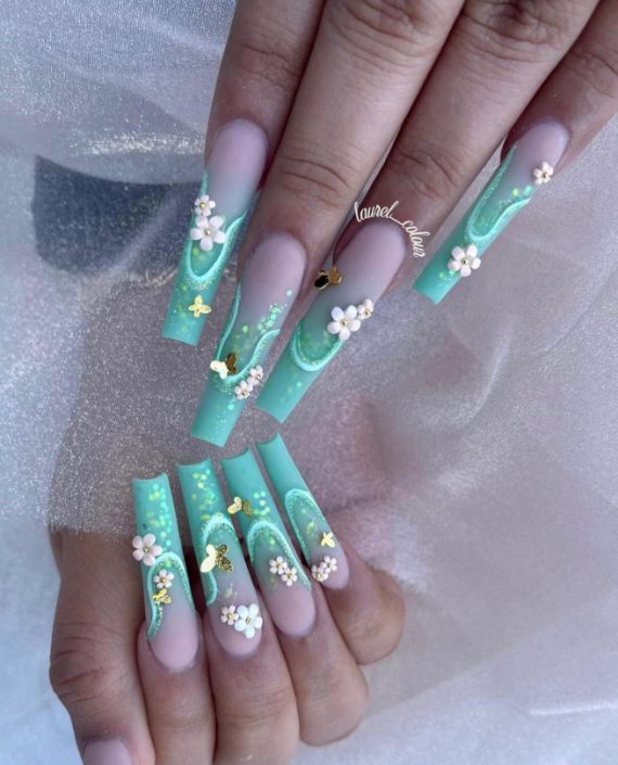40 Cute Acrylic Nails To Wear This Spring : Ombre Glitter Green Nail ...