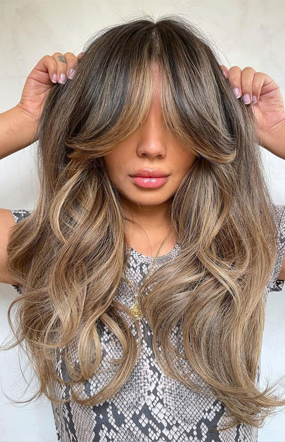 40 Best Layered Haircuts & Hairstyles For 2022 : Balayage Flirty Fringe
