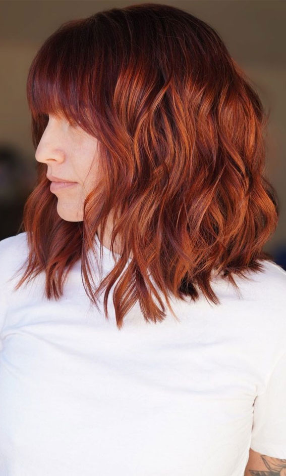 30 Stylish Shoulder Length Haircuts To Try Now : Ombre Orange Lob Hair with Bangs
