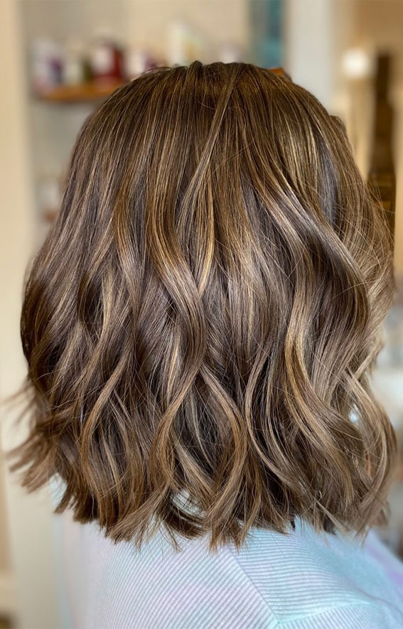 30 Stylish Shoulder Length Haircuts To Try Now : Brunette Balayage Lob with Loose Waves