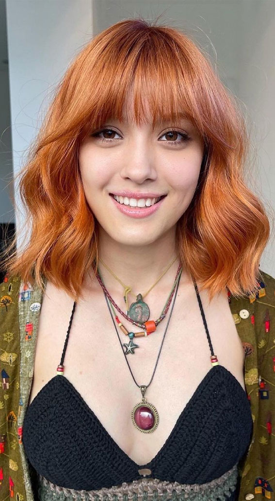 30 Stylish Shoulder Length Haircuts To Try Now : Gold Copper Long Bob with Bangs