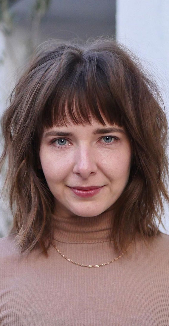 30 Stylish Shoulder Length Haircuts To Try Now : Textured Bob with Bangs