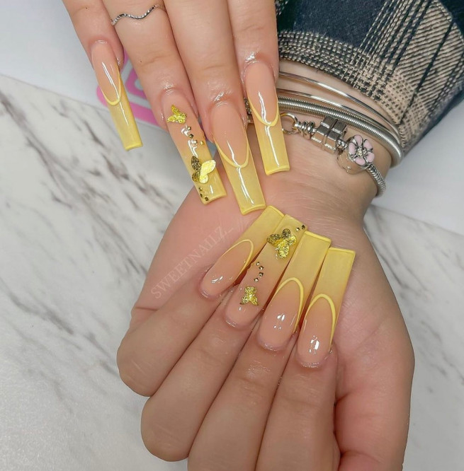 45 Best Prom Nails for 2022 : Yellow Ombre Double French Nails