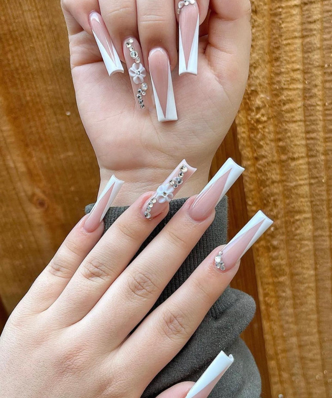 45 Best Prom Nails for 2022 : Nude V French + Flower Nails
