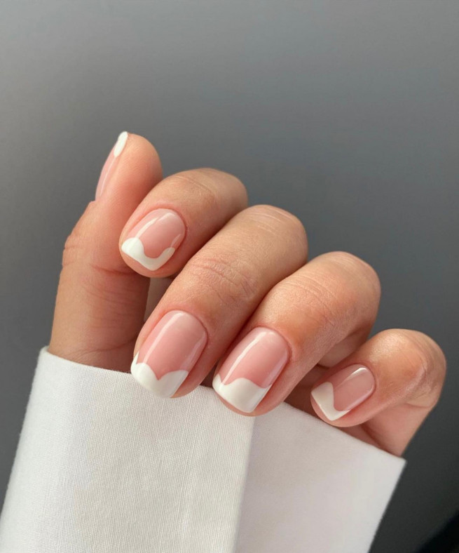 35 Nude Nails with White Details : White Abstract Tip Short Nails