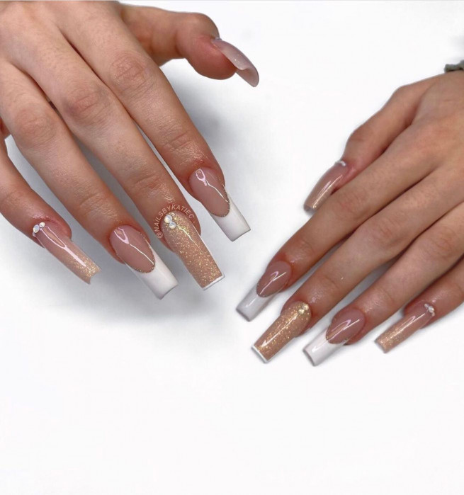 45 Best Prom Nails for 2022 : Glitter Gold & White French Nails