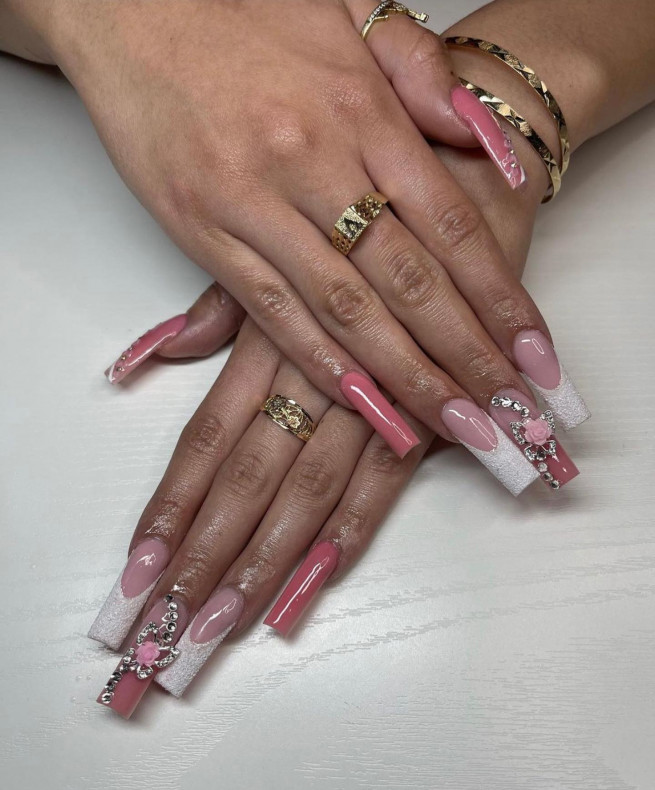 45 Best Prom Nails for 2022 : Pink 3D Flower & Rhinestone Nails