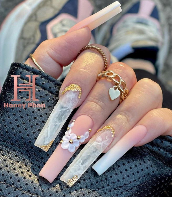 45 Best Prom Nails for 2022 : 3D Flower & Translucent Marble Nails