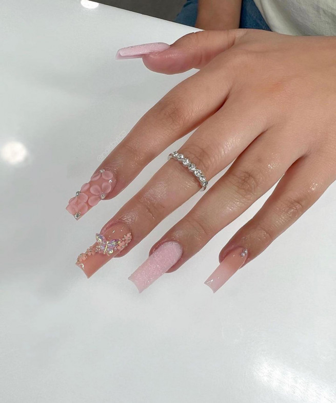 45 Best Prom Nails for 2022 : 3D Butterfly + Flower Textured Nails