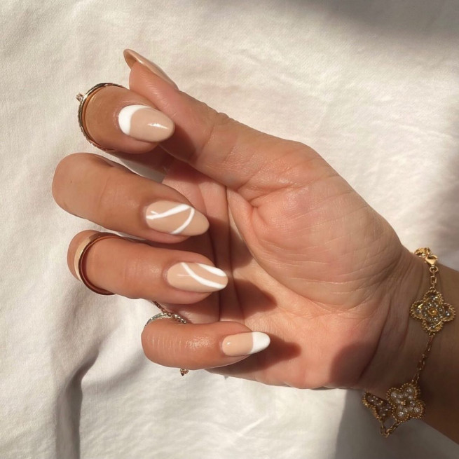35 Nude Nails with White Details : White Swirl Nude Almond Nails