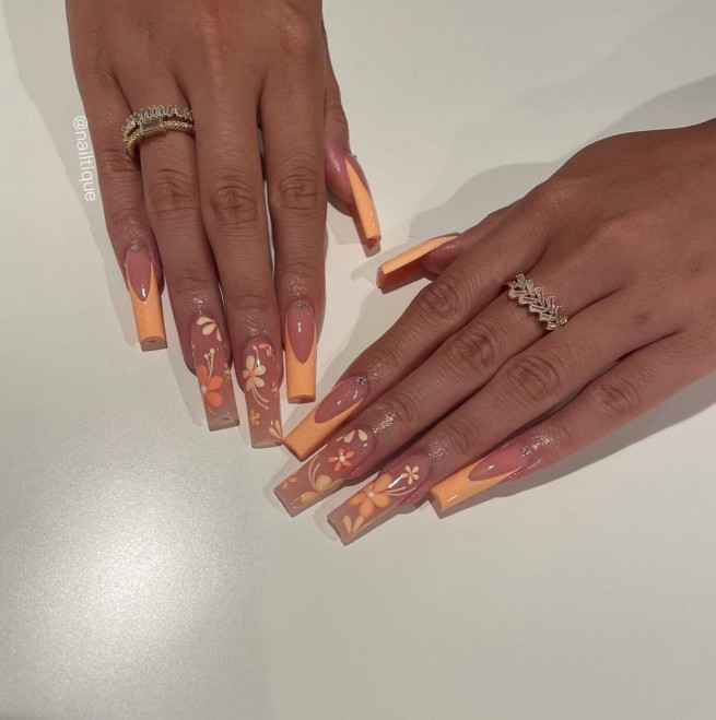 45 Best Prom Nails for 2022 : Peach French & Flower Nails