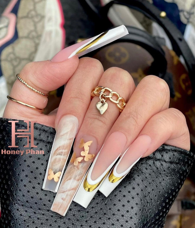 45 Best Prom Nails for 2022 : Gold Butterfly & Marble Nails
