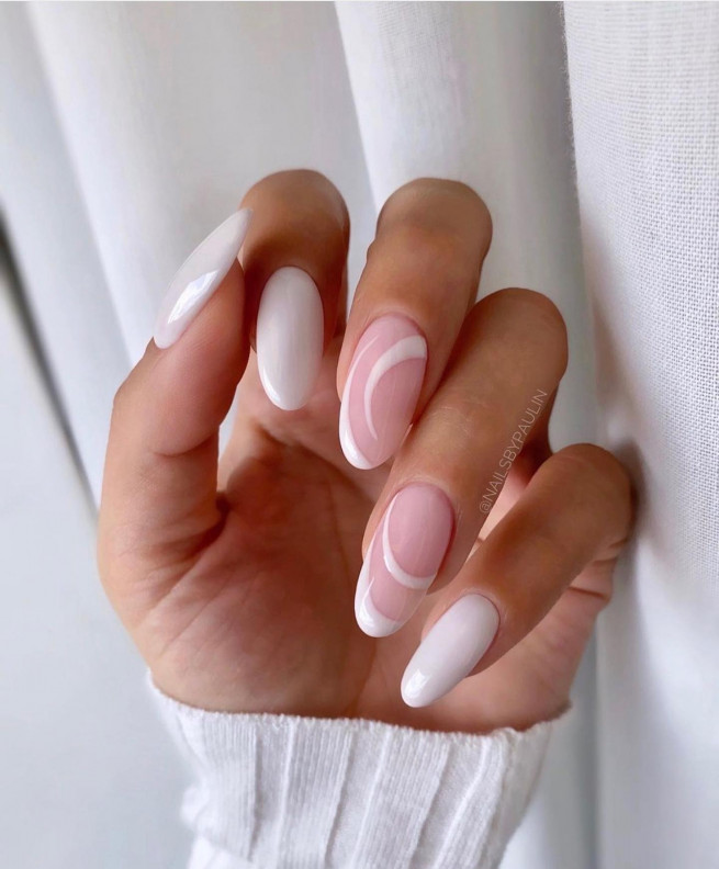 35 Nude Nails with White Details : White Swirl + White Polish Oval Nails