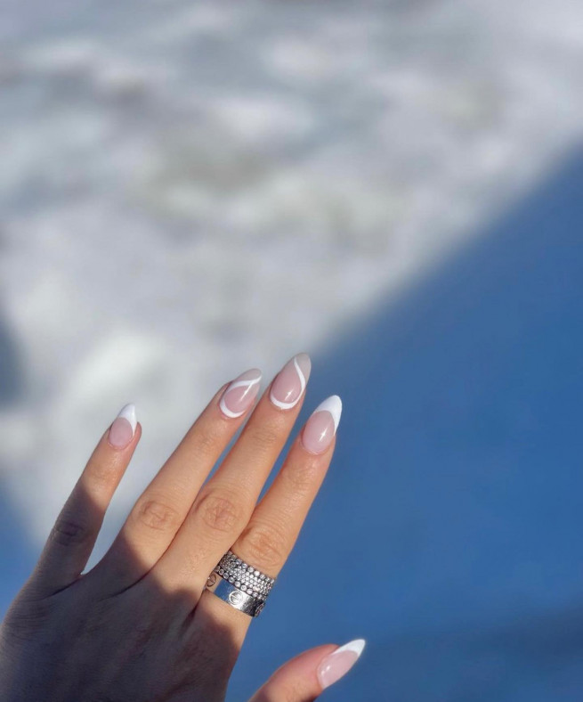 35 Nude Nails with White Details : White Swirl + French Tip Almond Nails