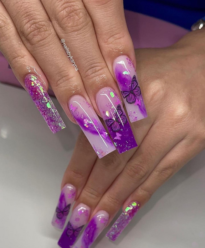 45 Best Prom Nails for 2022 : Purple Butterfly Nails