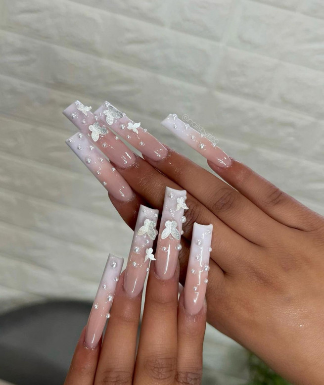 45 Best Prom Nails for 2022 : White Ombre Nails with Pearls + Butterfly