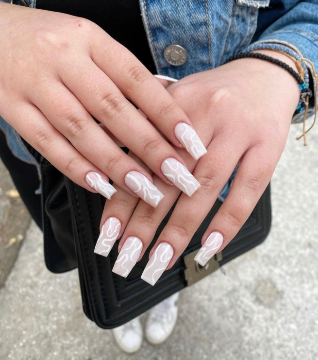 35 Nude Nails with White Details : White Swirl Coffin Nails