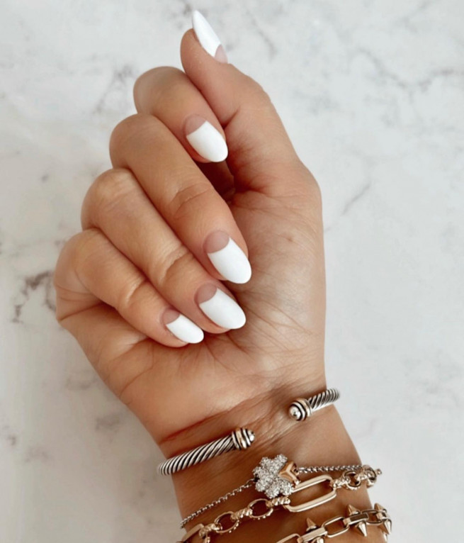 35 Nude Nails with White Details : White Polish Nails with Nude Cuff