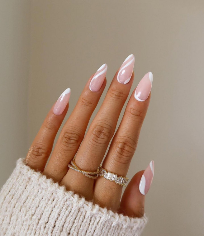 35 Nude Nails with White Details : Swirl Almond Sheer Nails