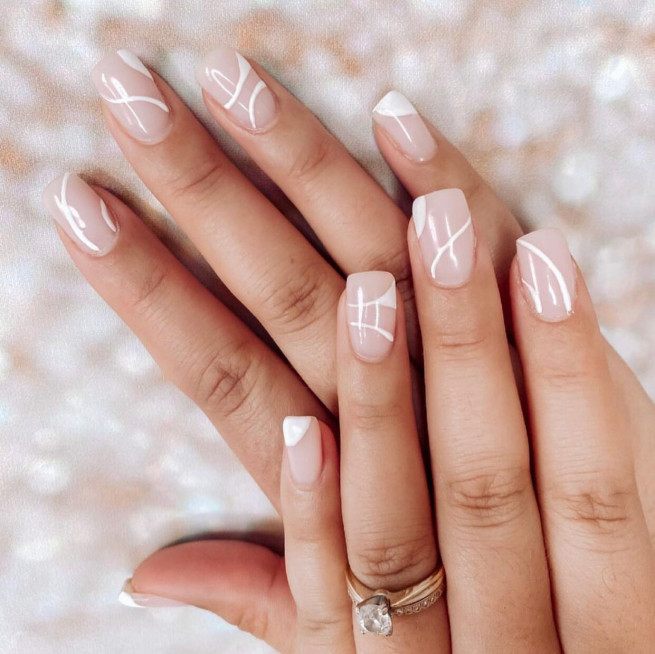35 Nude Nails with White Details : White Swirl Nude Square Nails