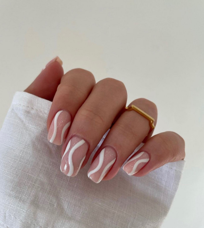 35 Nude Nails with White Details : White Swirl + Shimmery Sheer Nails