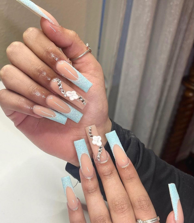 45 Best Prom Nails for 2022 : Textured Soft Blue French Nails