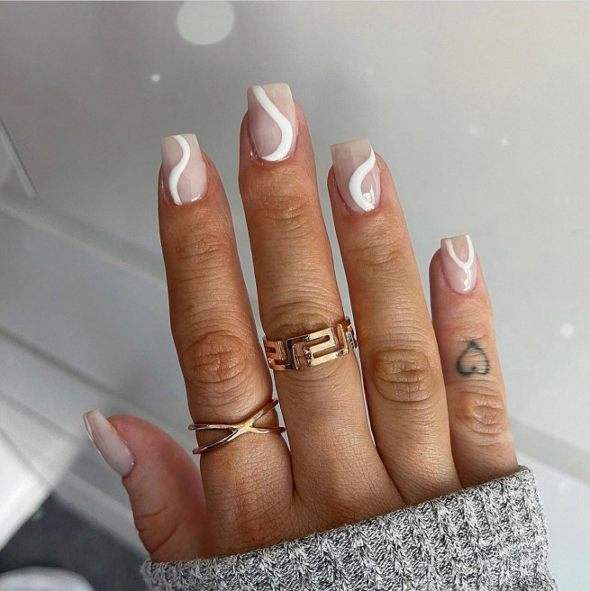 35 Nude Nails with White Details : White Swirl Square Nails
