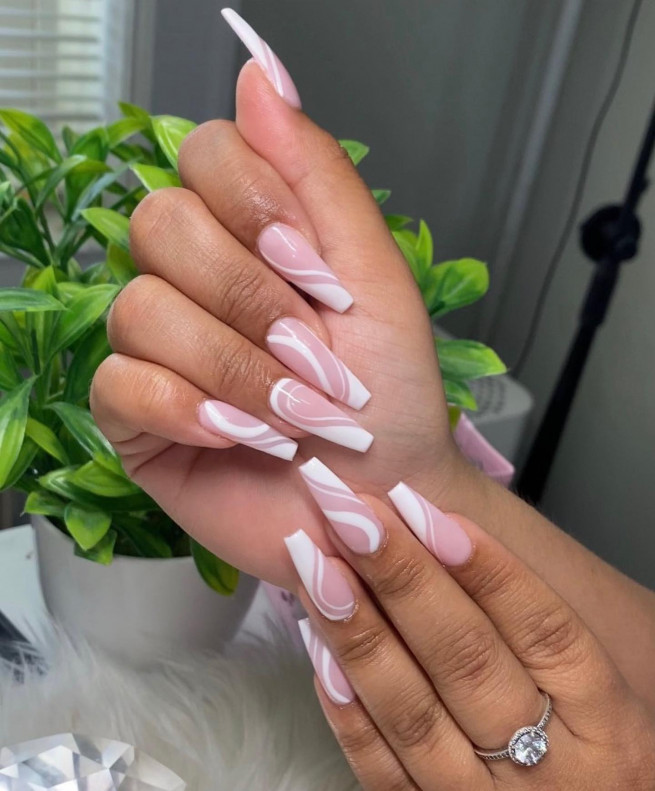 35 Nude Nails with White Details : White Swirl Coffin Nails
