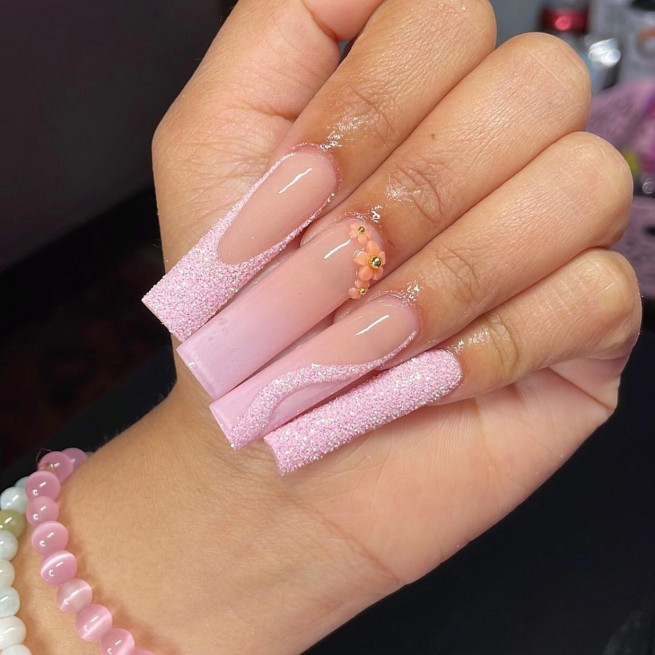45 Best Prom Nails for 2022 : Ombre Textured Pink + 3D Flower Nails