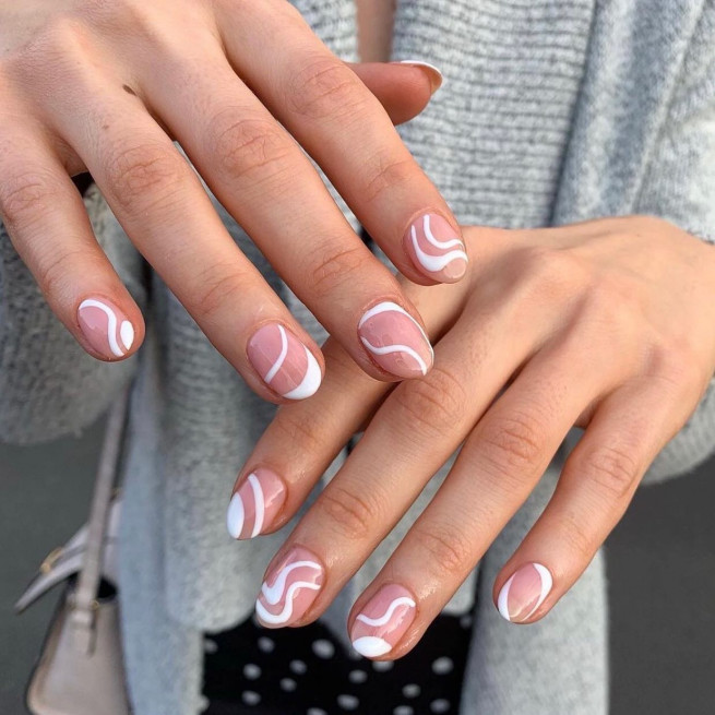 35 Nude Nails with White Details : Swirl Sheer Short Round Nails
