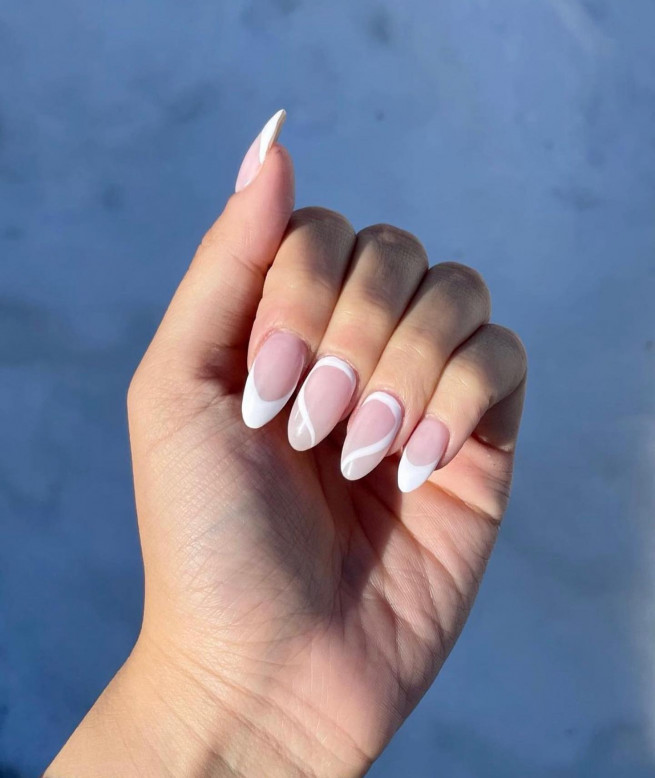 35 Nude Nails with White Details : Sheer Nails with White Tips + Swirls