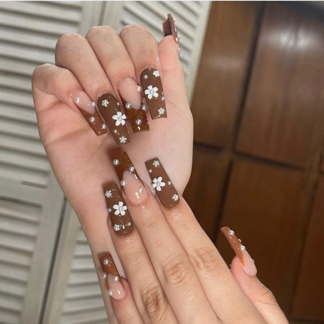 45 Best Prom Nails for 2022 : 3D Flower Brown Nails