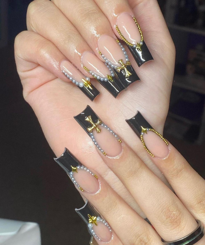 45 Best Prom Nails for 2022 : Gold Cross + Black French Nails