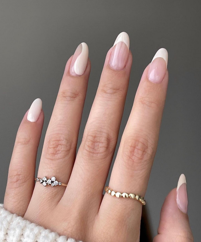 35 Nude Nails with White Details : Milky White French + Swirl Nails