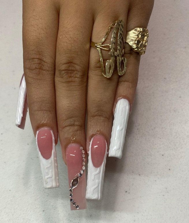 45 Best Prom Nails for 2022 : White Sweater Nails with Rhinestones