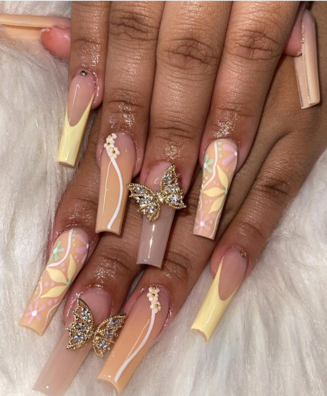 45 Best Prom Nails for 2022 : Pastel Nails with 3D Rhinestone Butterfly