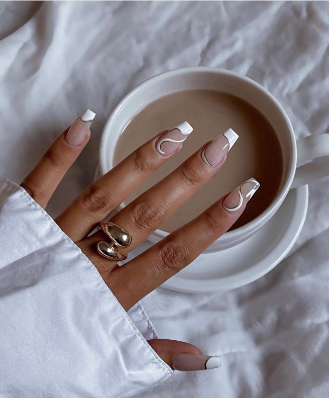 35 Nude Nails with White Details : White French + Black & White Swirl Nails