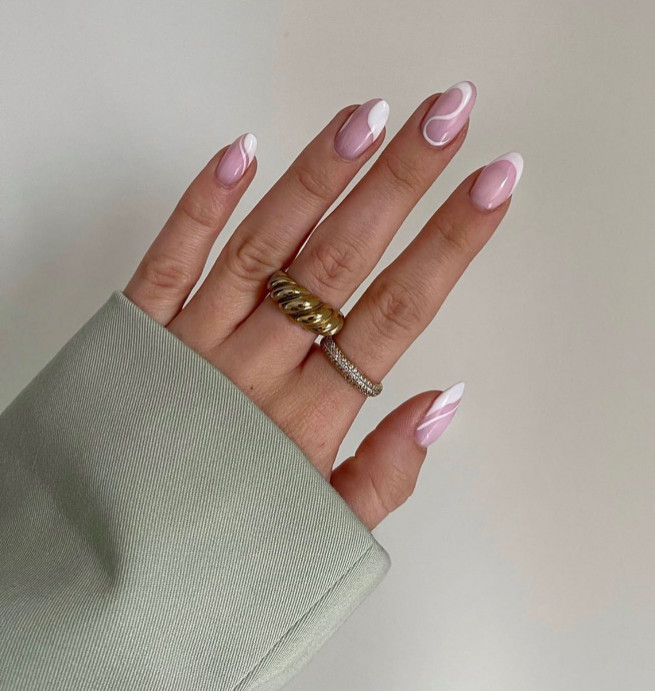 35 Nude Nails with White Details : Swirl White Oval Nails