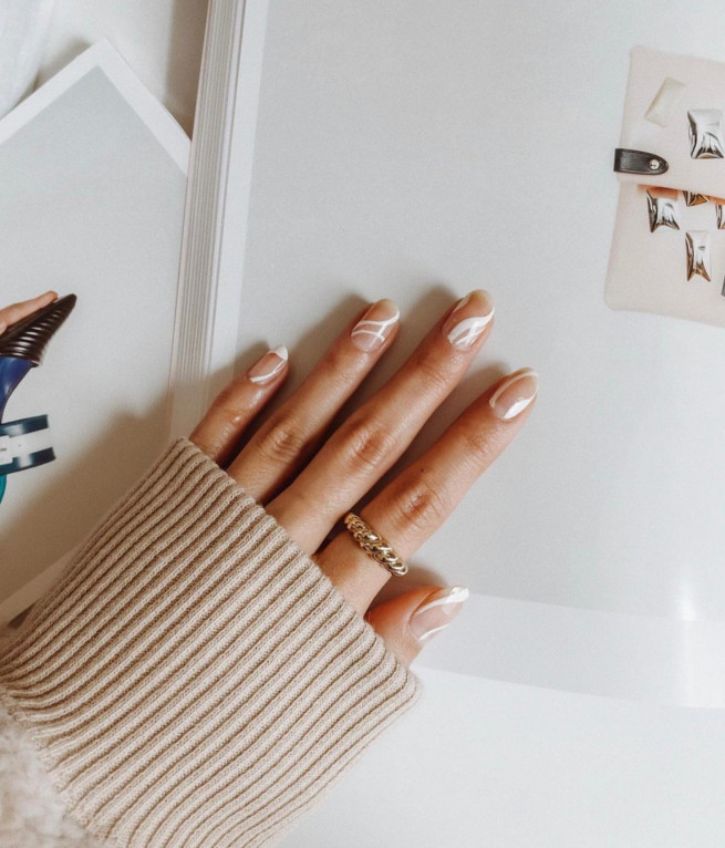 35 Nude Nails with White Details : White French + White Swirl Sheer Nails