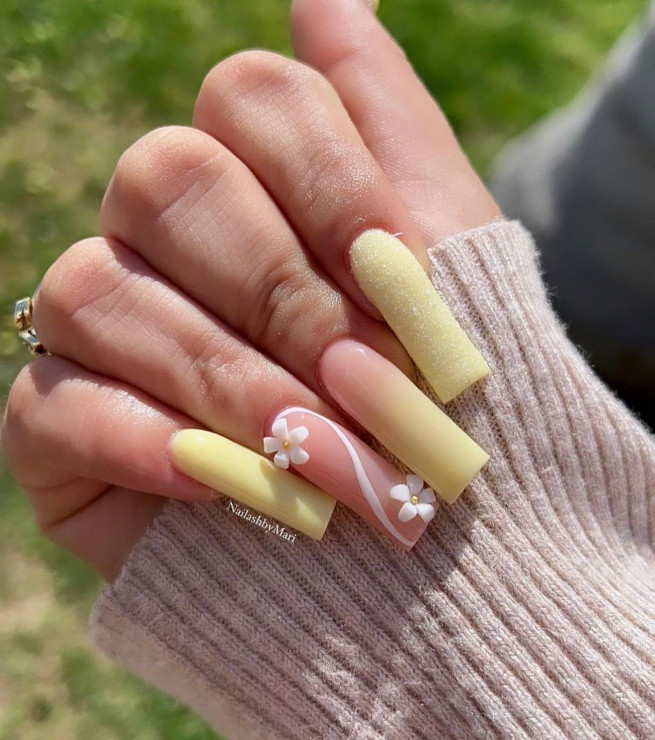45 Best Prom Nails for 2022 : Pastel Yellow and 3D Flower Nails