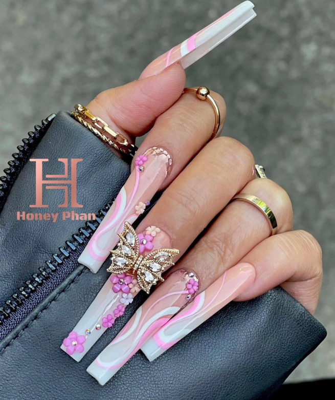 45 Best Prom Nails for 2022 : Pink 3D Flower & Swirl Nails