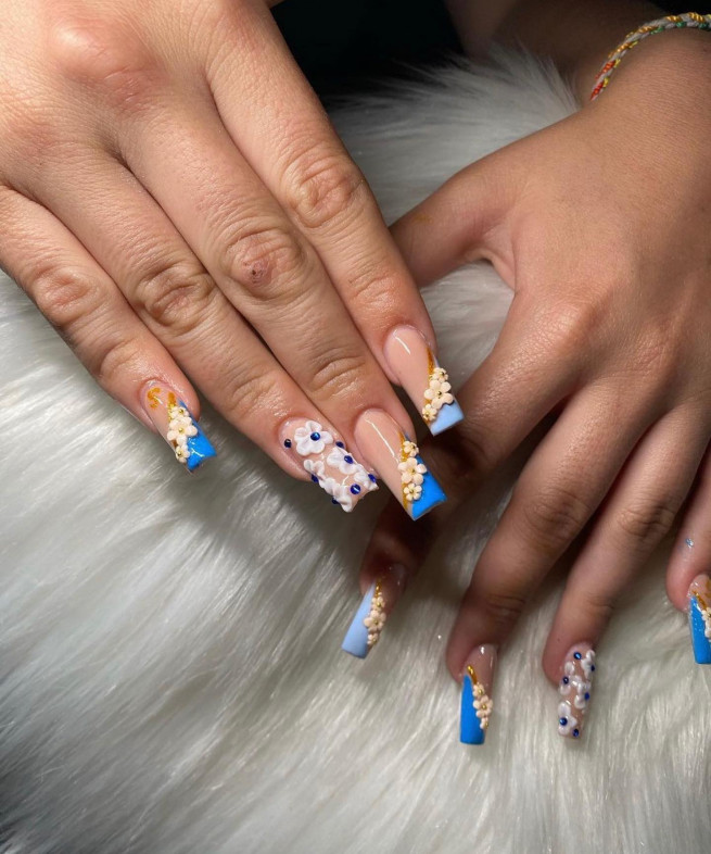 45 Best Prom Nails for 2022 : Blue Side French + 3D Flower Nails