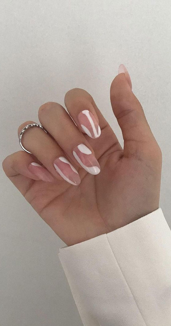 35 Nude Nails with White Details : Trendy White Abstract Sheer Nails