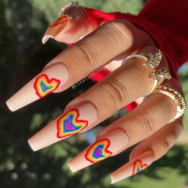 30+ Best Pride Nail Ideas That’ll Brighten Your Outfits : Funky Heart Rainbow Nails