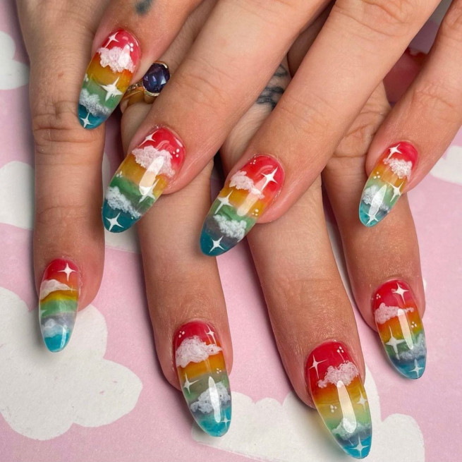 30+ Best Pride Nail Ideas That’ll Brighten Your Outfits : Rainbow and Puffy Cloud Nails