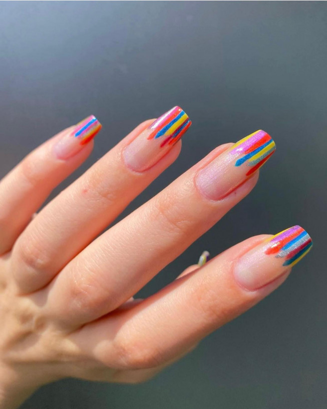 30+ Best Pride Nail Ideas That’ll Brighten Your Outfits : Rainbow Strip French Tip Nails